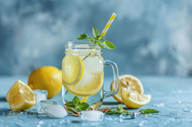 Closeup een glas en pot ijskoude limonade met plakjes citroen en munt bladeren zomer met zee