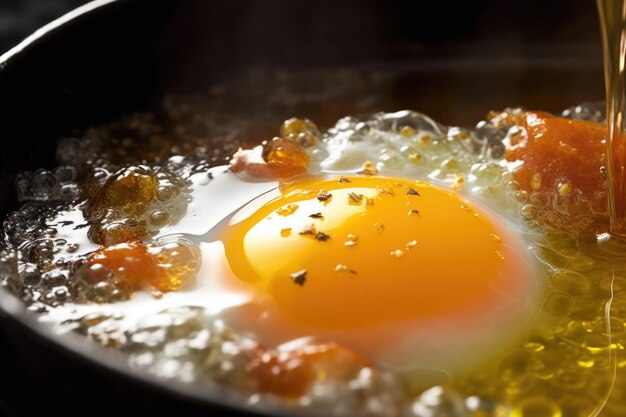 Closeup of egg yolk sizzling in pan