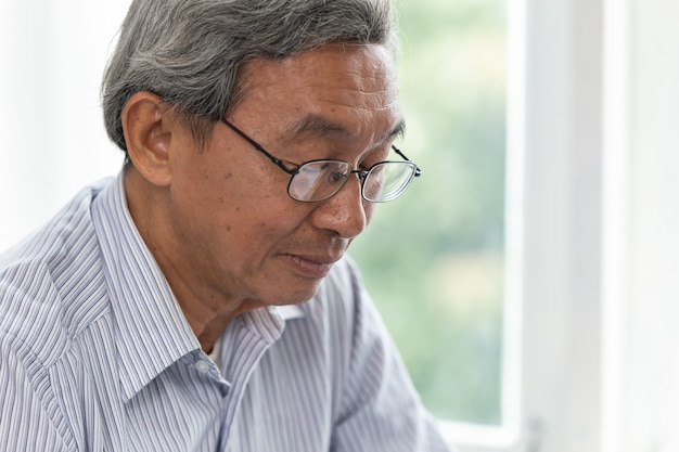 Closeup elder happy face peaceful calm smart look with glasses Asian old man.