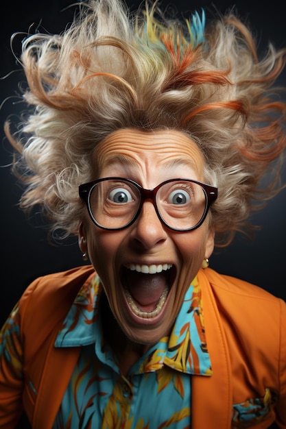 Closeup of an elderly funny crazy teacher woman with a funny hairstyle in the classroom with opened mouth