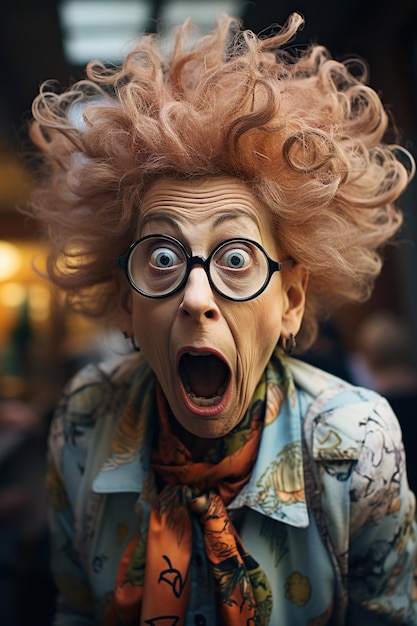 Closeup of an elderly funny crazy teacher woman with a funny hairstyle in the classroom