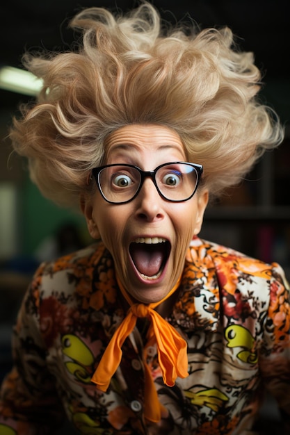 Closeup of an elderly funny crazy teacher woman with a funny hairstyle in the classroom