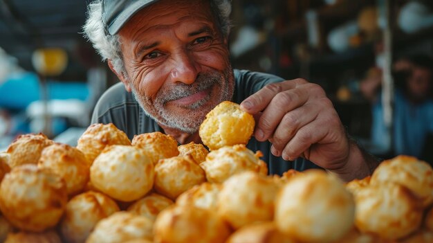 ブラジルのチーズパンパオ・デ・ケイジョを手に持っている年配の男性のクローズアップ