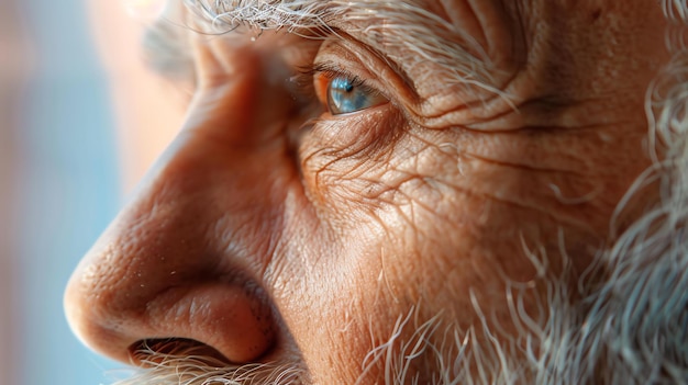 Photo closeup of an elderly mans face the man has blue eyes a wrinkled forehead and a gray beard he is looking off to the side lost in thought