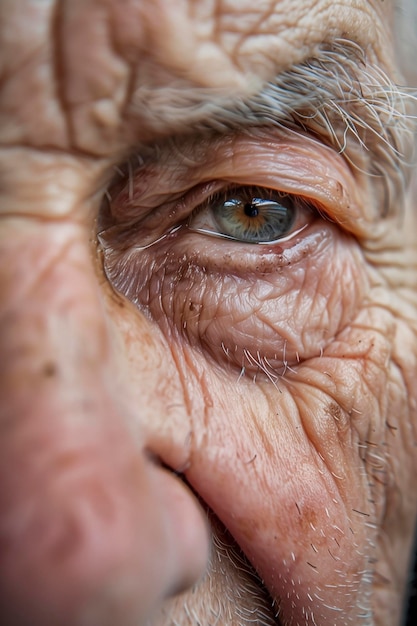 Photo closeup of an elderly mans face strictly human skin with wrinkles macro photography