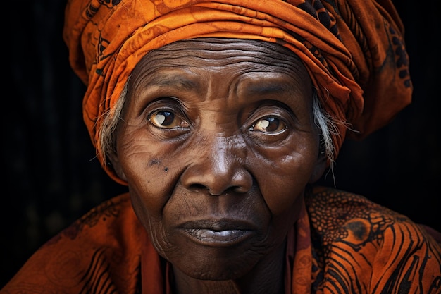 Closeup elderly old white grandmother women village wrinkled black mother portrait senior sad face skin