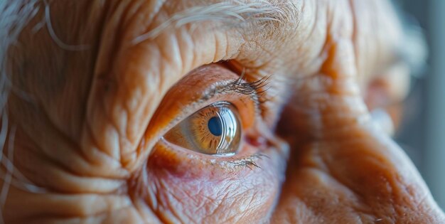 Foto un primo piano dell'occhio di una donna anziana mentre legge una tabella visiva che mette alla prova la sua acuità visiva con