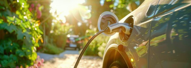 Photo closeup of an electric car charging on road with sun shine and green trees