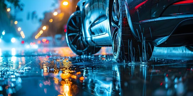 Photo closeup of electric car tire with lightning bolts wet street background showcasing ec concept electric car tire lightning bolts wet street ecofriendly