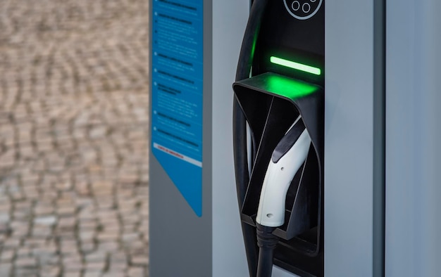 Closeup of an electric charging station plug