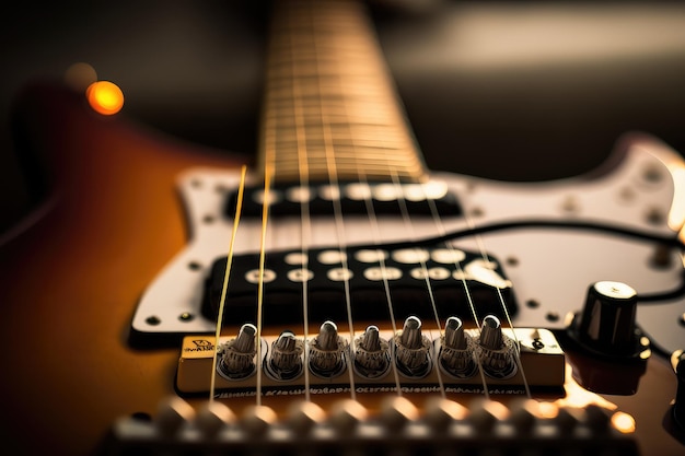 Closeup of electric guitar with strings and fretboard in focus created with generative ai