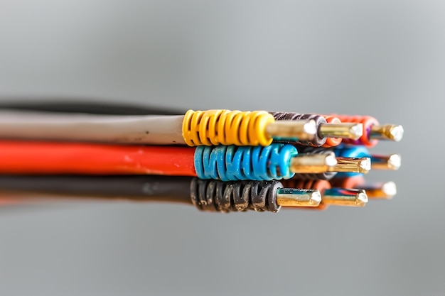 Photo closeup of an electrical cable with wires blurred background