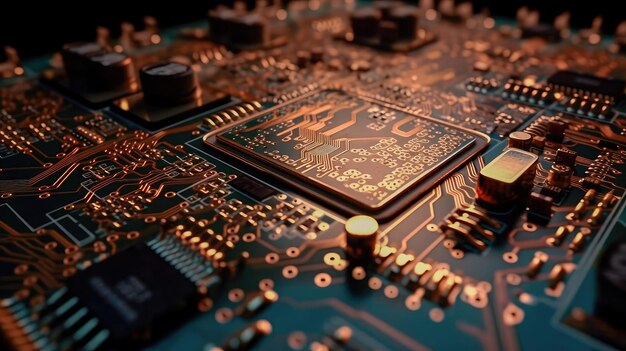 Photo closeup of an electrical printed circuit board multicore gold and blue super powerful generative ai