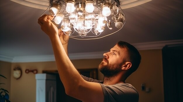 Foto close-up delle mani di un elettricista che appende un lampadario