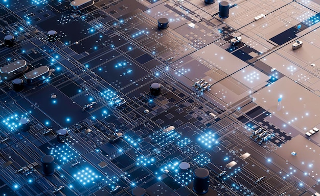 Closeup of electronic circuit board and electronic components futuristic big data connection technology concept