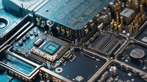 Closeup of electronic circuit board with cpu microchip electronic components background
