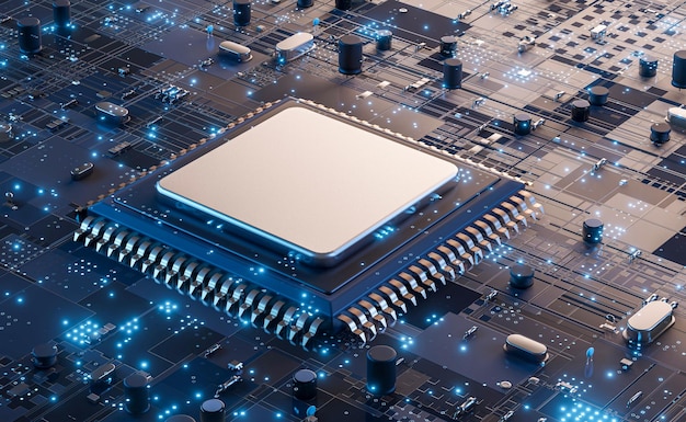 Closeup of electronic circuit board with CPU microchip electronic components futuristic big data connection technology concept