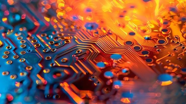 Photo a closeup of an electronic circuit board with orange and blue lights reflecting off of its surface