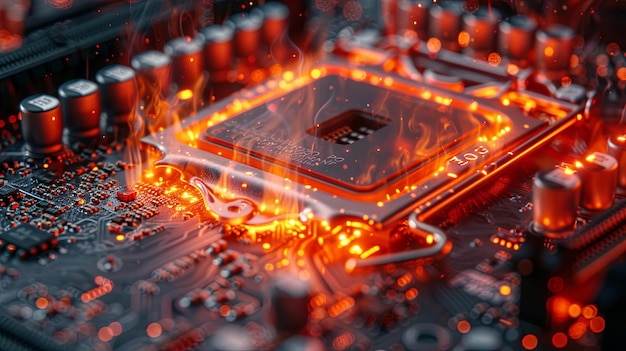 Photo closeup of electronic circuit board with processor melting process system overheating