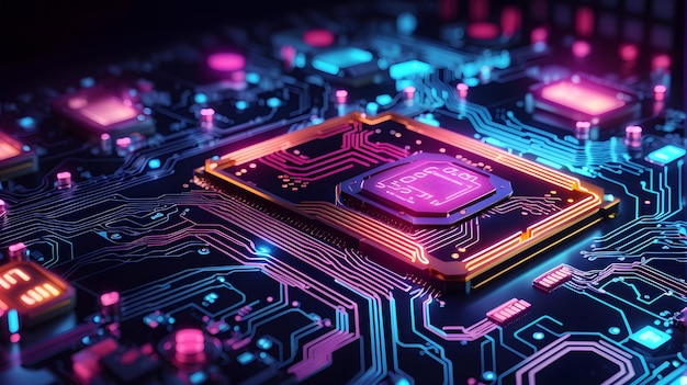 Closeup of electronic circuit board with processor and microchips Neon colors