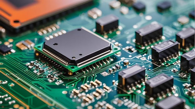 Closeup of electronic circuit board with processor and microchips