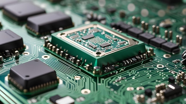 Closeup of electronic circuit board with processor and microchips