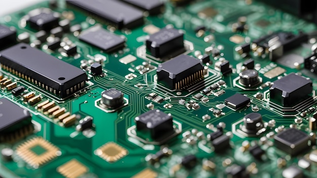 Closeup of electronic circuit board with processor and microchips