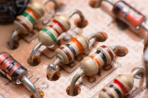 closeup electronic hardware .resistor on the circuit board