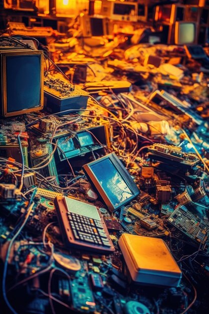 Closeup of electronic waste at garbage dump created with generative ai