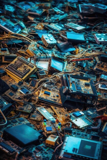 Foto chiusura di rifiuti elettronici in una discarica creata con ai generativa