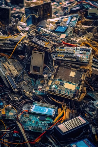 ゴミ捨て場の電子廃棄物のクローズアップは,生成AIで作成されました.
