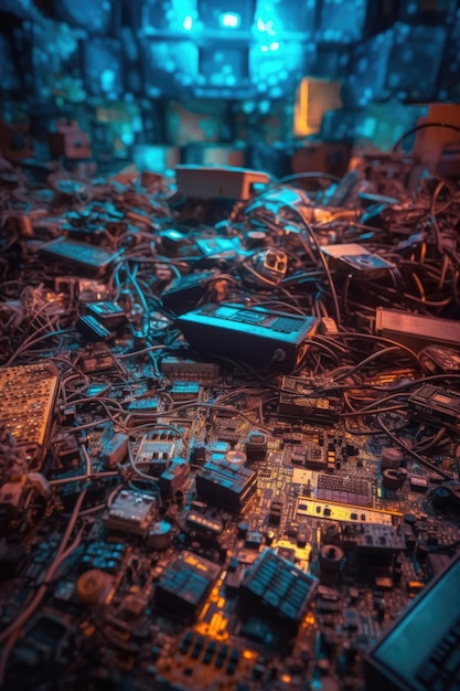 Foto chiusura di rifiuti elettronici in una discarica creata con ai generativa