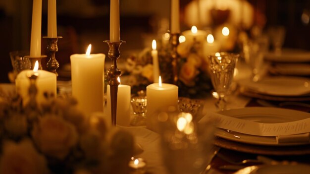 Foto un primo piano di un elegante tavolo da pranzo a candela con candele tremolanti che gettano un bagliore romantico su belle ambientazioni da pranzo che preparano il palco per una serata memorabile