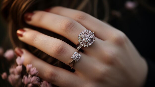 여성의 손에 있는 우아한 다이아몬드 약혼반지의 클로즈업은 청혼과 결혼식에 이상적입니다.