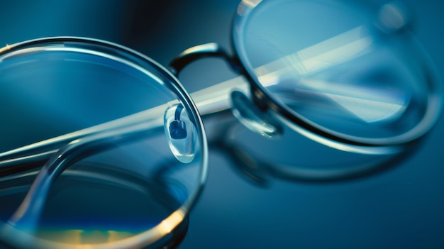 Closeup of elegant eyeglasses casting a soft reflection on a blue surface