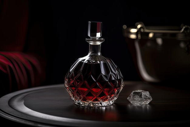 Closeup of elegantly crafted decanter with glass stopper and fine wine