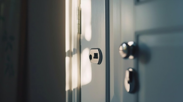 Closeup elements of the interior of the apartment Ajar white door Chrome door handle Generative AI