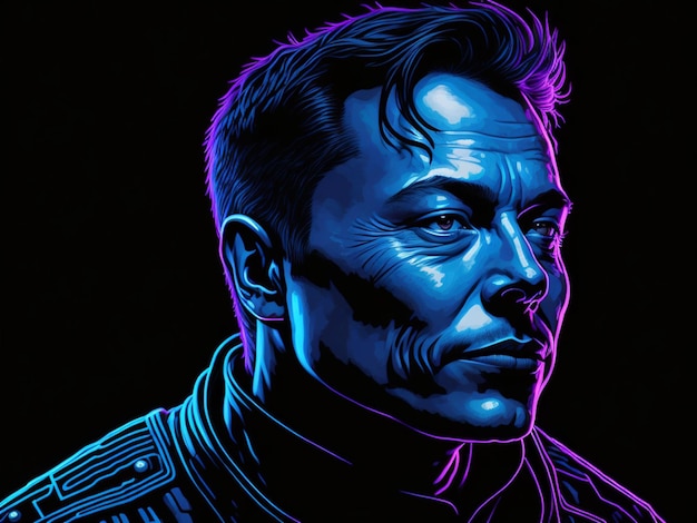 A closeup of Elon Musk illuminated by a bright neon light