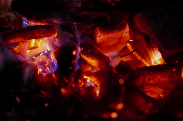 Closeup of embers burning in bonfire