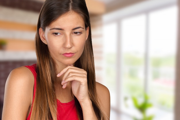 Closeup emotional portrait sad woman