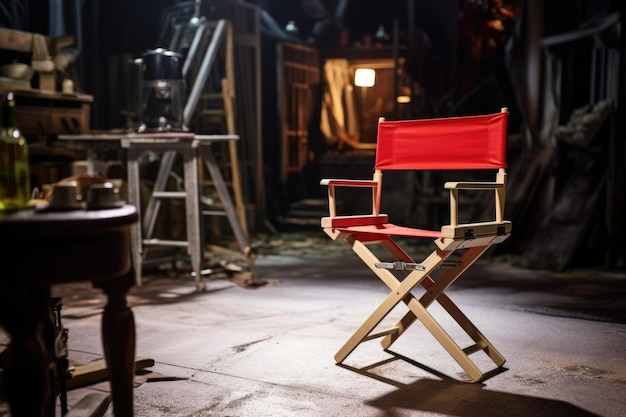 Клоуз-ап пустого кресла режиссера на съемочной площадке фильма ужасов