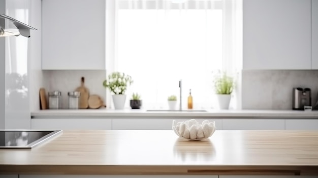 Closeup of an empty kitchen table against backdrop of kitchen interior in rays of sun AI generated