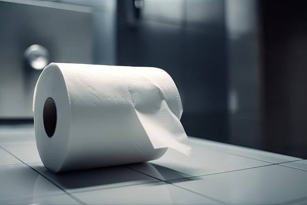 Photo closeup of empty toilet paper roll in public restroom with a modern and sleek design