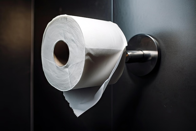 Photo closeup of empty toilet paper roll with a piece of toilet paper hanging out