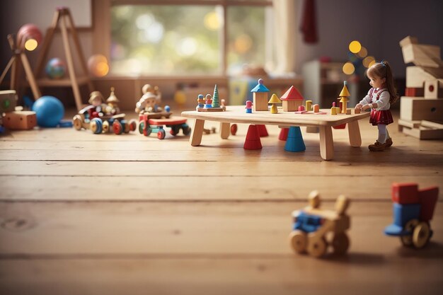 CloseUp of an Empty Wooden Table Amidst Childhood Adventures