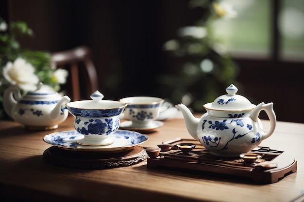 CloseUp of an Empty Wooden Table Amidst the Elegance of Teatime