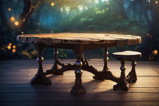 Closeup of an empty wooden table amidst fantasy realms