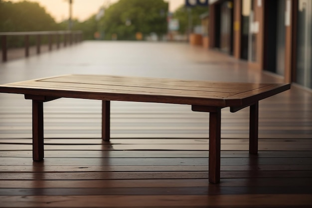 Photo closeup of an empty wooden table amidst filmic journeys