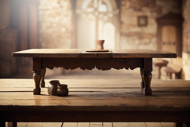 CloseUp of an Empty Wooden Table Amidst Historical Narratives