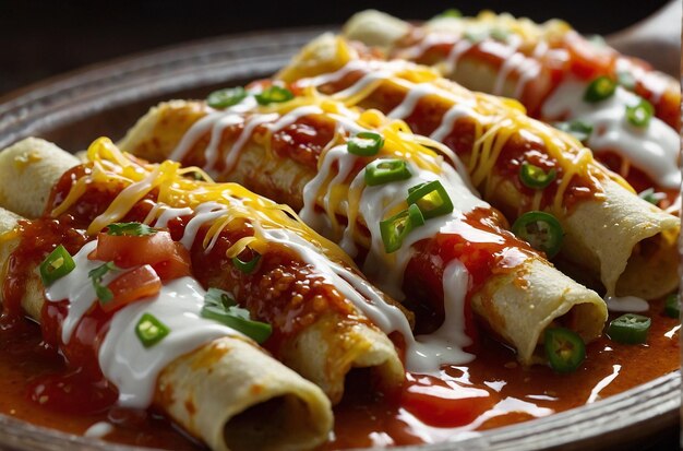 Photo a closeup of enchiladas being drizzled with crema and